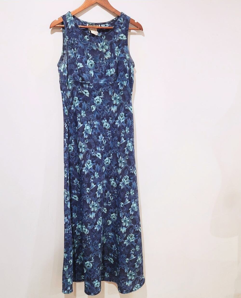 Vintage Maurice's Navy Blue Floral Empire Waist Maxi Dress Size 11/12 Y2K 90s